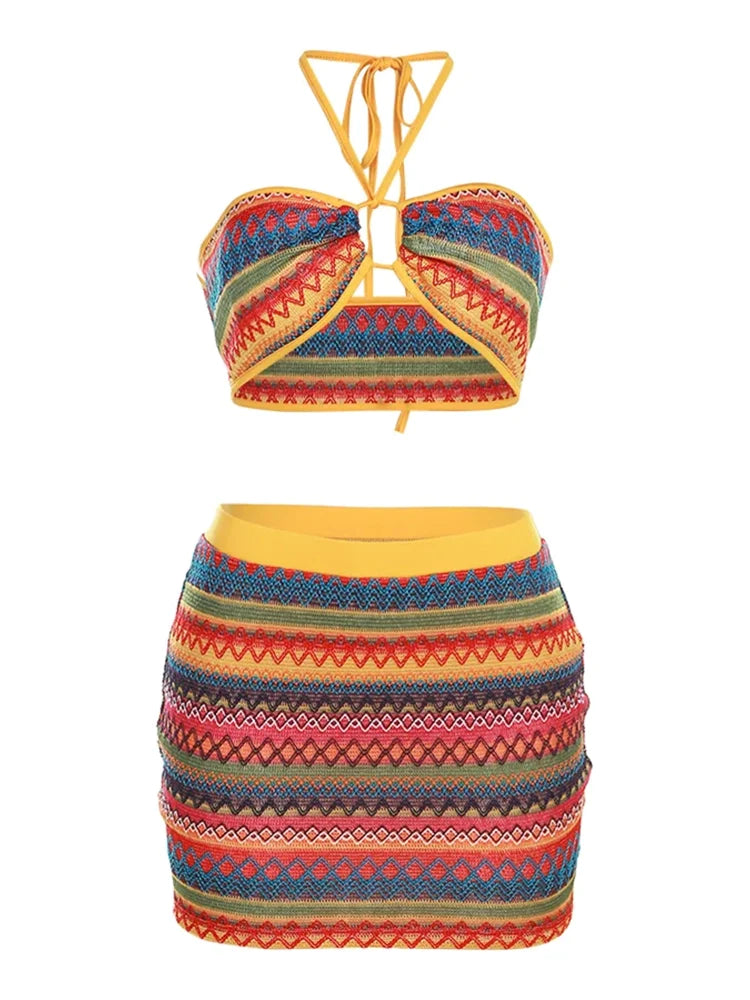 Sexy Halter Bandage Wrapped Swimwear Crop Top+Striped Hip Skirts Colorful Women Set Comfortable Tankini Set Sexy Halter Bandage Wrapped Swimwear Crop Top+Striped Hip Skirts Colorful Women Set Comfortable Tankini Set