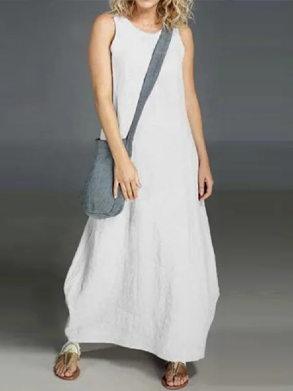 Cotton Casual O-neck Pure Color Sleeveless Women Maxi Dress Casual Maxi Dress with Pockets Cotton Casual O-neck Pure Color Sleeveless Women Maxi Dress Casual Maxi Dress with Pockets