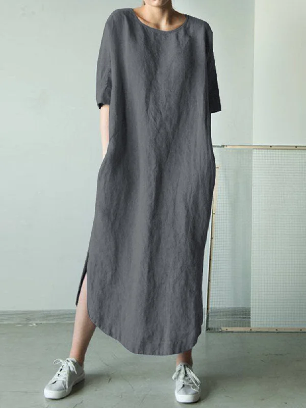 Cotton Pure Color Loose Half Sleeve Pockets Women Maxi Dress Cozy Cold-Shoulder Maxi Dress Cotton Pure Color Loose Half Sleeve Pockets Women Maxi Dress Cozy Cold-Shoulder Maxi Dress