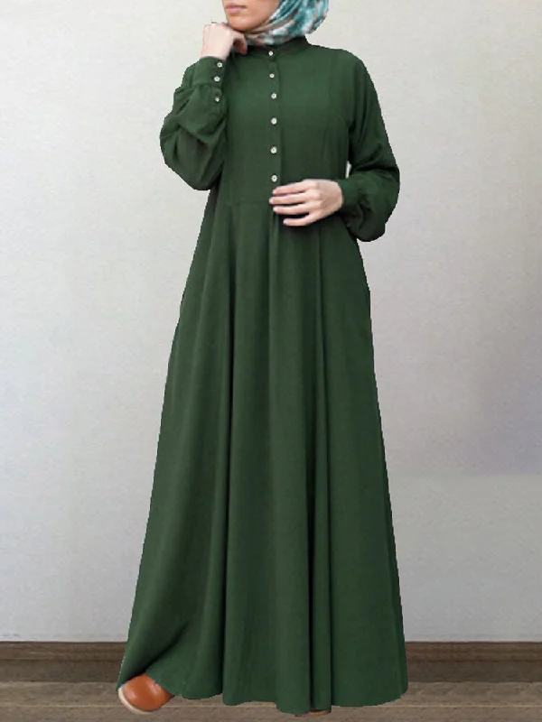 Cotton Solid Retro Mandarin Collar Puff Sleeve Button Up Long Sleeve Women Maxi Dress Stylish Maxi Dress with Pleats Cotton Solid Retro Mandarin Collar Puff Sleeve Button Up Long Sleeve Women Maxi Dress Stylish Maxi Dress with Pleats