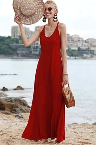 Cross Back Red Chiffon Maxi Dress Fashionable Halter Neck Maxi Dress