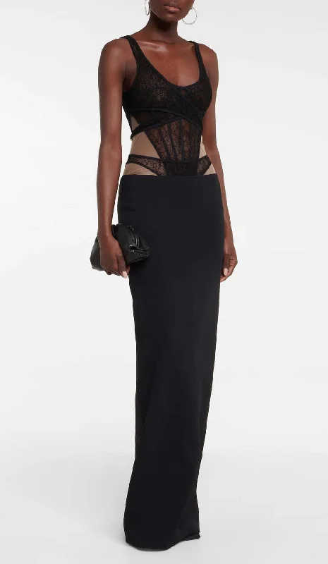 CUT-OUT TULLE CORSET MAXI DRESS IN BLACK Elegant Silk Maxi Dress