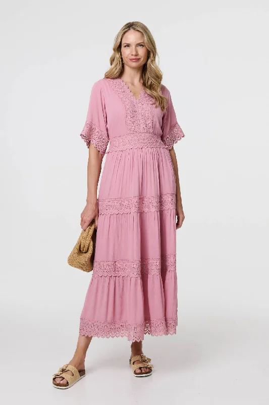 Lace Trim 1/2 Angel Sleeve Maxi Dress Comfortable Ruffle Hem Maxi Dress