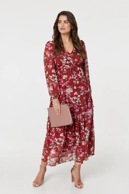 Floral Long Sleeve Tiered Maxi Dress Trendy Floral Print Maxi Dress