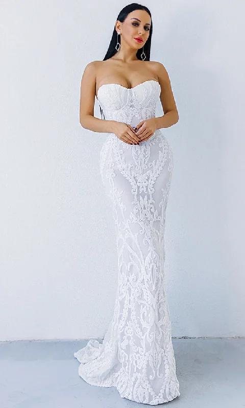 Dedicated To Love White Sequin Lace Strapless Bustier Fit And Flare Maxi Dress Trendy Satin Maxi Dress Dedicated To Love White Sequin Lace Strapless Bustier Fit And Flare Maxi Dress Trendy Satin Maxi Dress