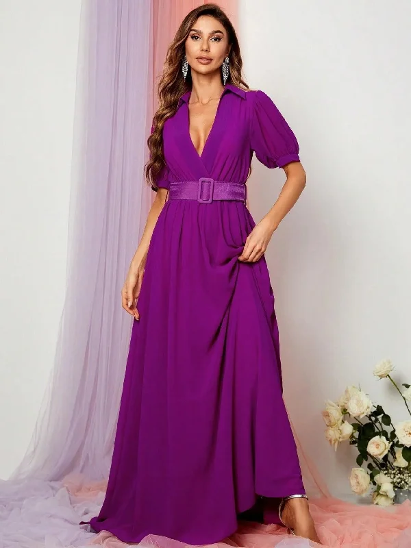 Deep V Neck Puff Sleeve Belted Maxi Dress Casual Maxi Dress with Pockets