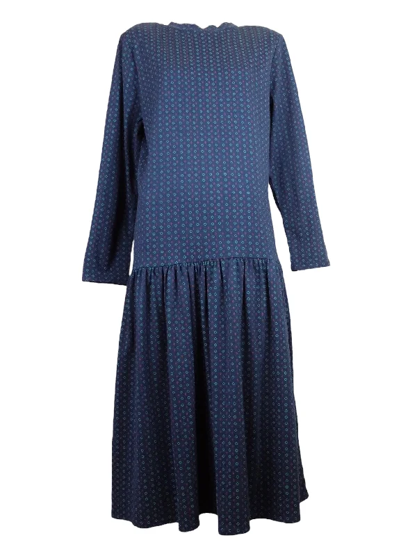 Vintage 80s Blue Abstract Geometric Patterned Drop Waist Long Sleeve Cotton Blend Babydoll Circle Skater Maxi Dress Comfortable Maxi Dress with Sleeves Vintage 80s Blue Abstract Geometric Patterned Drop Waist Long Sleeve Cotton Blend Babydoll Circle Skater Maxi Dress Comfortable Maxi Dress with Sleeves