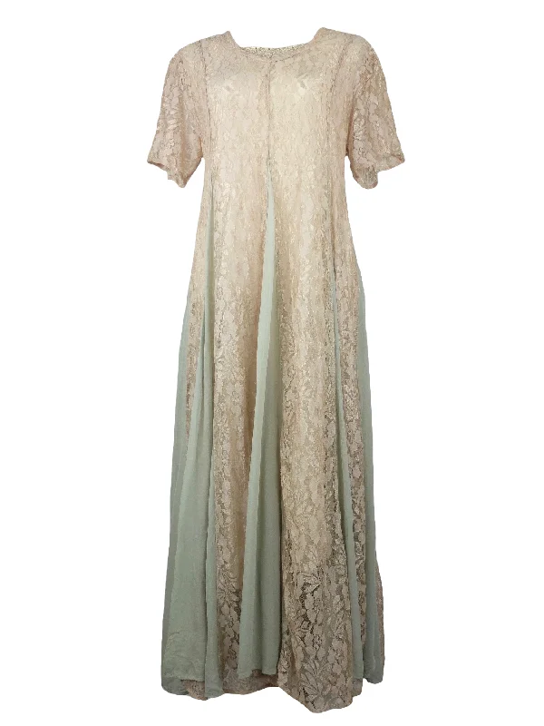 Vintage 80s does 60s Feminine Mod Chic Romantic Silk & Floral Lace Light Blue Cream Half Sleeve Floor Length Full Ruffled Circle Maxi Dress with Back Tie | Size L Chic Boho Print Maxi Dress
