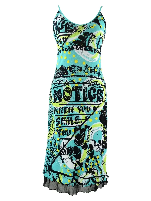 Vintage 2000s Y2K Turquoise & Black Abstract Graphic Print Mesh Sleeveless Tank Maxi Dress with Lettuce Hem | Size M Cozy Cold-Shoulder Maxi Dress