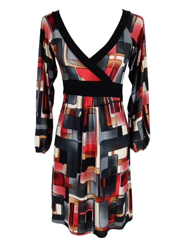 Vintage 2000s Y2K Mod Chic Formal Minimalist Red & Grey Abstract Geometric Print V-Neck Long Sleeve Knee Length Mini Maxi Dress | Size M Trendy Maxi Dress with Belt Vintage 2000s Y2K Mod Chic Formal Minimalist Red & Grey Abstract Geometric Print V-Neck Long Sleeve Knee Length Mini Maxi Dress | Size M Trendy Maxi Dress with Belt