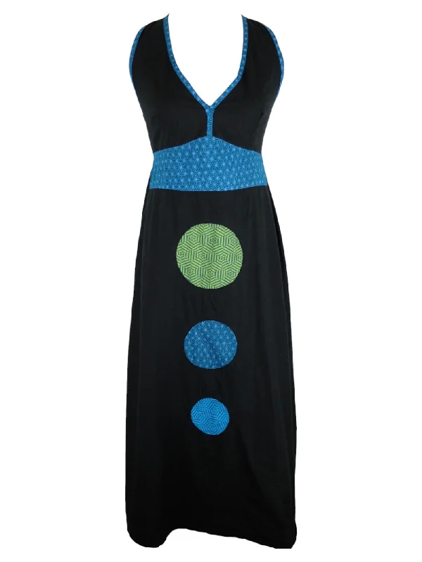 Vintage 2000s Y2K Bohemian Hippie Festival Style Black & Blue Circle Geometric Patterned Sleeveless Halter Floor Length Maxi Dress | Size S Cozy Knit Maxi Dress Vintage 2000s Y2K Bohemian Hippie Festival Style Black & Blue Circle Geometric Patterned Sleeveless Halter Floor Length Maxi Dress | Size S Cozy Knit Maxi Dress