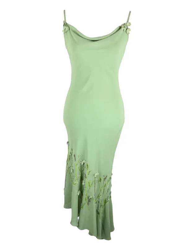 Vintage 2000s Y2K Chic Formal Party Asymmetrical Solid Green Chiffon Sleeveless Fit & Flare Beaded Sequin Tank Midi Maxi Dress | Size S Chic Summer Maxi Dress