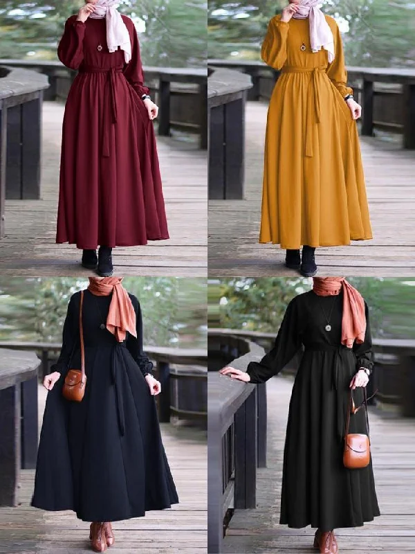 Elegant Puff Sleeve Elastic Cuff Lace-up Kaftan Tunic Muslim Women Maxi Dress Chic Summer Floral Maxi Dress Elegant Puff Sleeve Elastic Cuff Lace-up Kaftan Tunic Muslim Women Maxi Dress Chic Summer Floral Maxi Dress