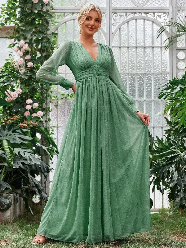 Elegant V Neck Ruched Waist Maxi Dresses Comfortable Plunging Neckline Maxi Dress