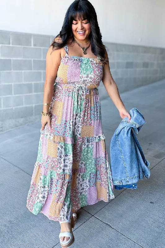 Fern Patchwork Maxi Dress Stylish Off-Shoulder Maxi Dress
