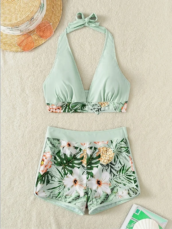 Floral Print Deep V Shape Halter Bikini Boxer Swimsuit Crisscross Back Swimsuit