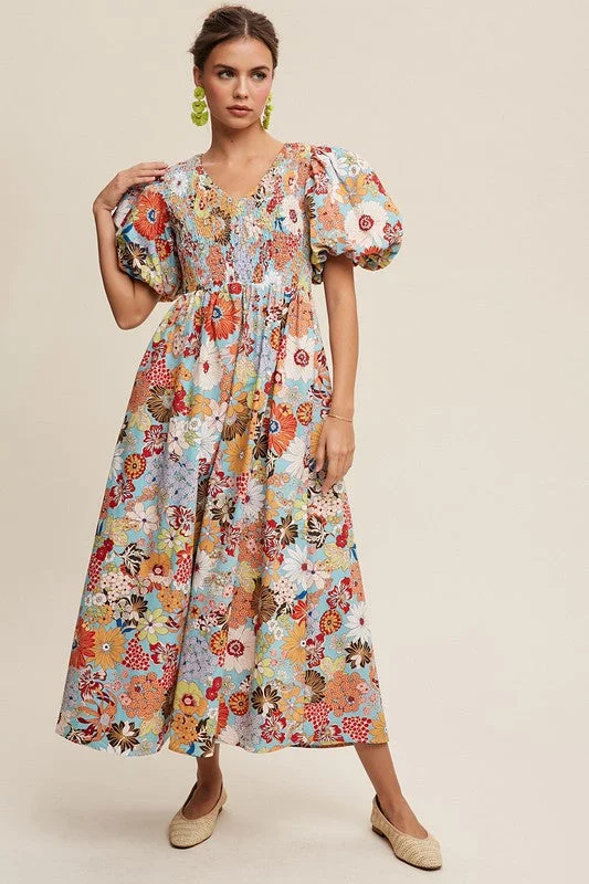 Flower Print Smocked V-neck Puff Sleeve Maxi Dress Elegant Lace Maxi Dress
