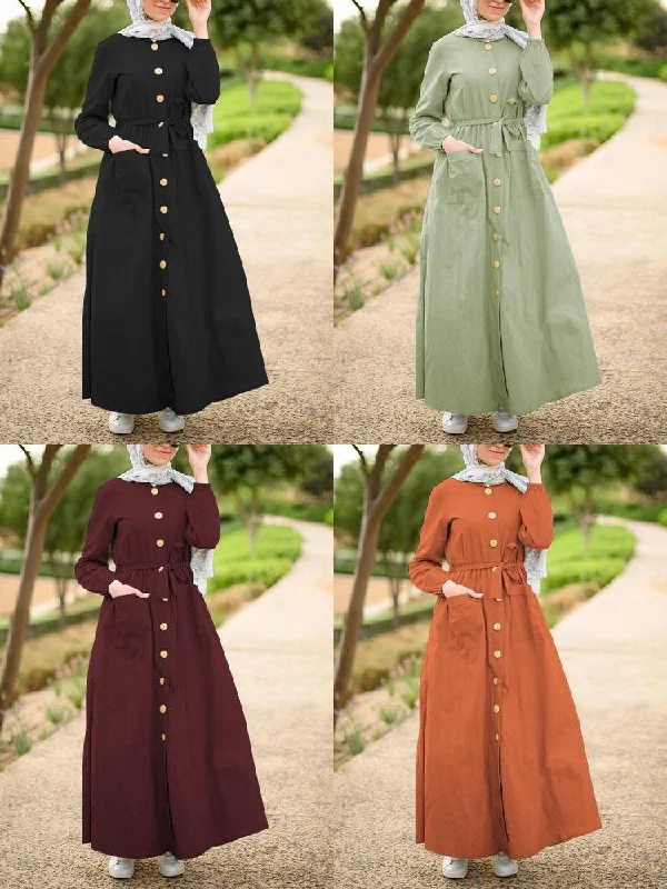 Front Pockets Lace-up Mid-calf Kaftan Length Women Maxi Dress Trendy A-Line Maxi Dress