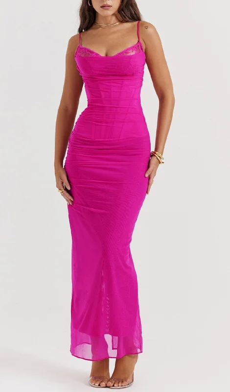 FUCHSIA CORSET MAXI DRESS Elegant Maxi Dress with Lace