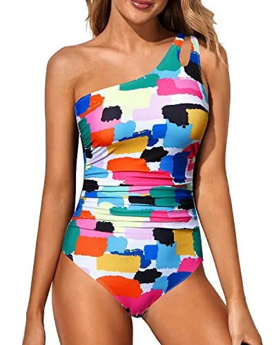 Full Coverage Modest One Shoulder One Piece Swimsuit For Women-Aqua Quick-Dry Swimsuit