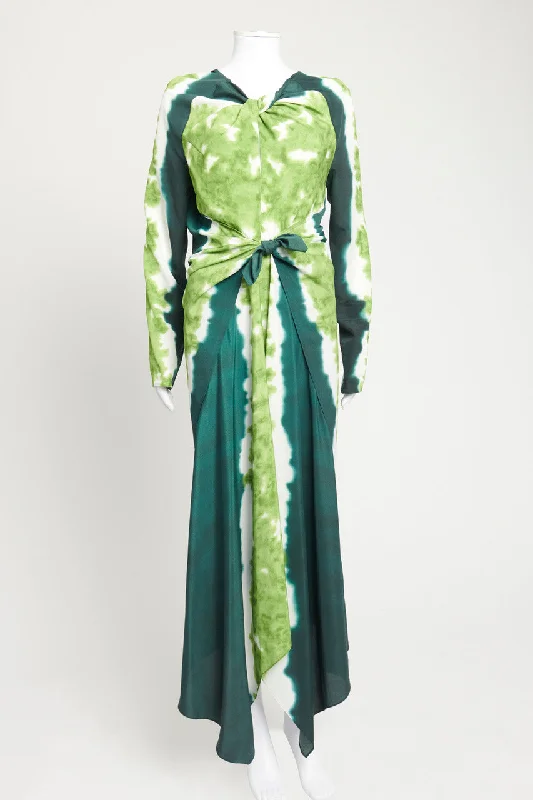 2022 Green Adika Tie-Dyed Ruched Preowned Maxi Dress Trendy Floral Print Maxi Dress
