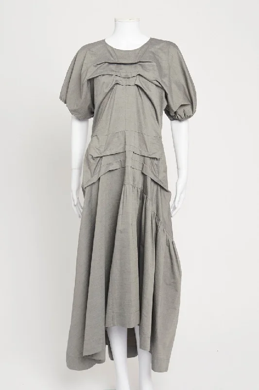 Grey Cotton Blend Gathered Preowned Maxi Dress Chic Boho Print Maxi Dress