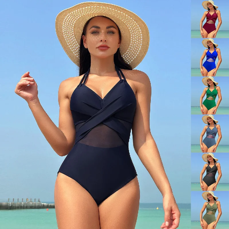 Halter-neck One-piece Swimsuit Summer Solid Color Cross-strap Design Mesh Bikini Beach Vacation Womens Clothing Elegant Swim Dress Halter-neck One-piece Swimsuit Summer Solid Color Cross-strap Design Mesh Bikini Beach Vacation Womens Clothing Elegant Swim Dress
