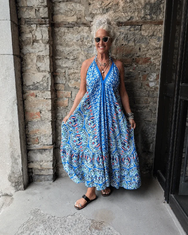 Halter Maxi Dress with Ruffled Flounce - Blue White Green Red Pattern Trendy Button Front Maxi Dress