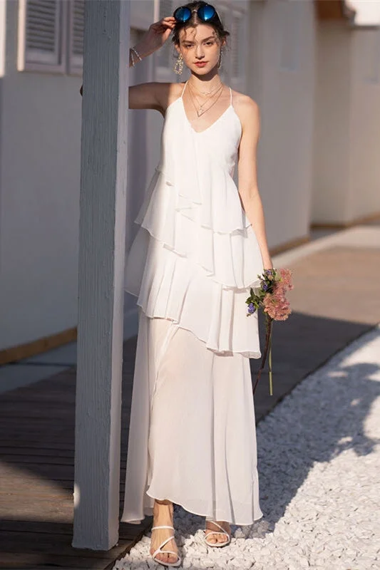 Halter White Tiered Chiffon Maxi Dress Comfortable Casual Maxi Dress