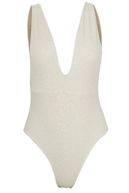 Helena Deep Plunge Swimsuit in Platinum Halter Top Bikini