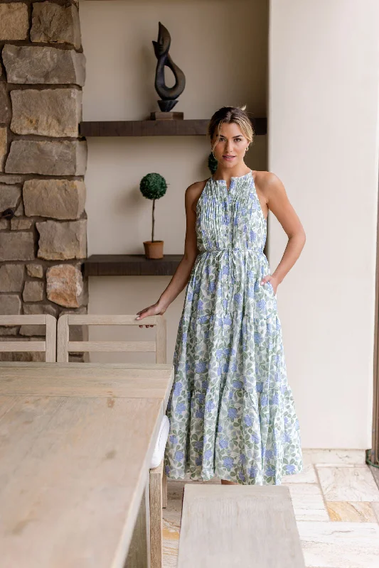 Hilde High Neck Halter Button Front Maxi Dress in Blue Floral Cozy Open-Back Maxi Dress Hilde High Neck Halter Button Front Maxi Dress in Blue Floral Cozy Open-Back Maxi Dress