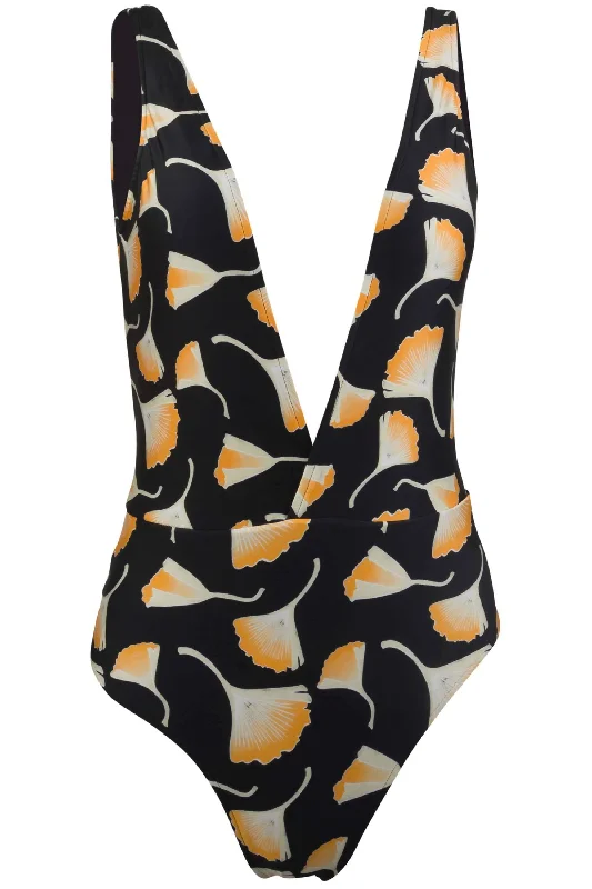 Jacky Deep Plunge One Piece Swimsuit - Ginkgo Black Floral Bikini Top