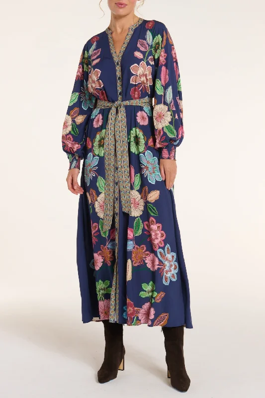 Johanna Belted Tie Maxi Dress in Navy Floral Stylish Longline Maxi Dress