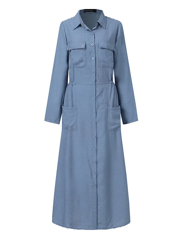 Kaftan Pure Color Lapel Front Pockets Tooling Women Maxi Dress Fashionable Chiffon Maxi Dress Kaftan Pure Color Lapel Front Pockets Tooling Women Maxi Dress Fashionable Chiffon Maxi Dress