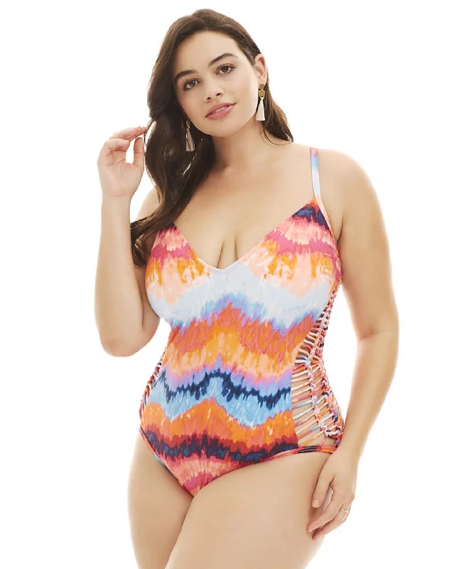 Kenneth Cole Tidal Wave Plus Size Macrame Side Plunge One Piece Swimsuit Quick-Dry Tankini Kenneth Cole Tidal Wave Plus Size Macrame Side Plunge One Piece Swimsuit Quick-Dry Tankini