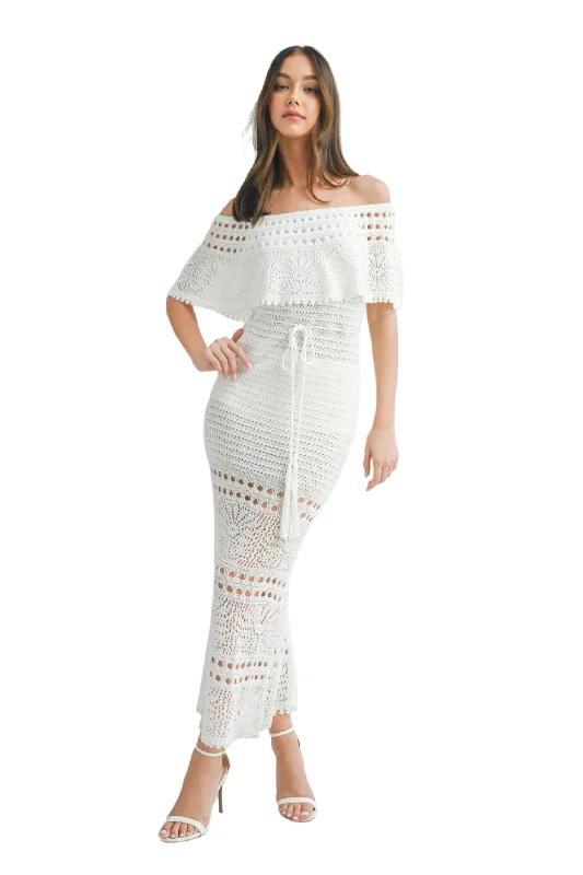 KNIT CROCHET OFF SHOULDER MAXI DRESS Stylish A-Line Maxi Dress