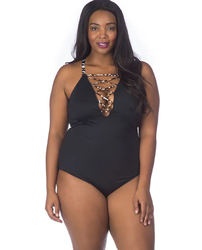 La Blanca Wild Safari Plus Size High Neck Lace Up One Piece Swimsuit Tie-Back Swimwear La Blanca Wild Safari Plus Size High Neck Lace Up One Piece Swimsuit Tie-Back Swimwear