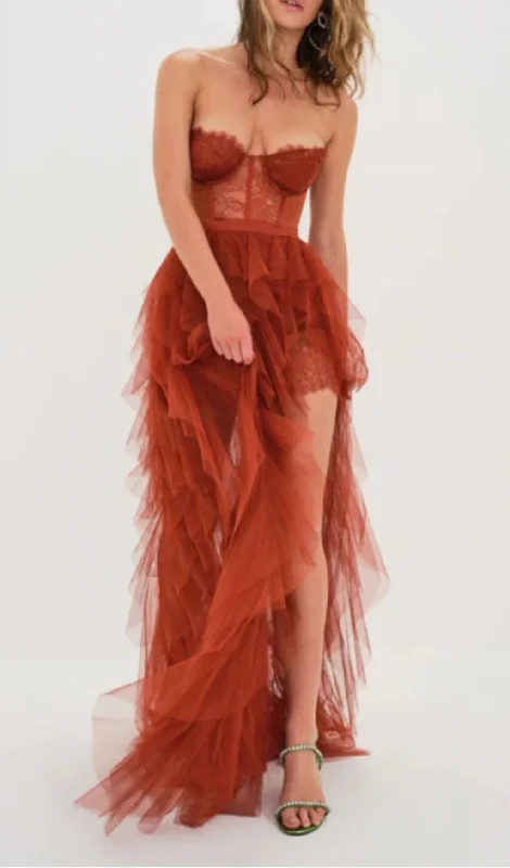 LACE CORSET SLIM MAXI DRESS IN RED Classic Solid Maxi Dress