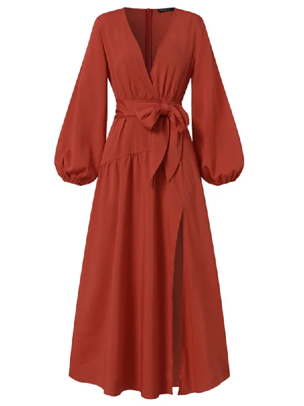 Lace-up High Split V-neck Holiday Elegant Long Sleeve Pure Color Women Maxi Dress Stylish Long Sleeve Maxi Dress Lace-up High Split V-neck Holiday Elegant Long Sleeve Pure Color Women Maxi Dress Stylish Long Sleeve Maxi Dress