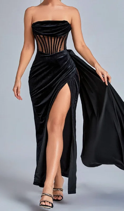 BLACK CORSET VELVET SLIT MAXI DRESS Elegant Maxi Dress with Slit