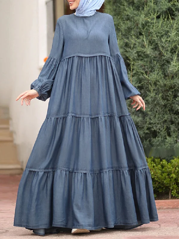 Layered Pleats Pure Color Puff Casual Long Sleeve Bohemian Women Maxi Dress Fashionable High-Waist Maxi Dress Layered Pleats Pure Color Puff Casual Long Sleeve Bohemian Women Maxi Dress Fashionable High-Waist Maxi Dress