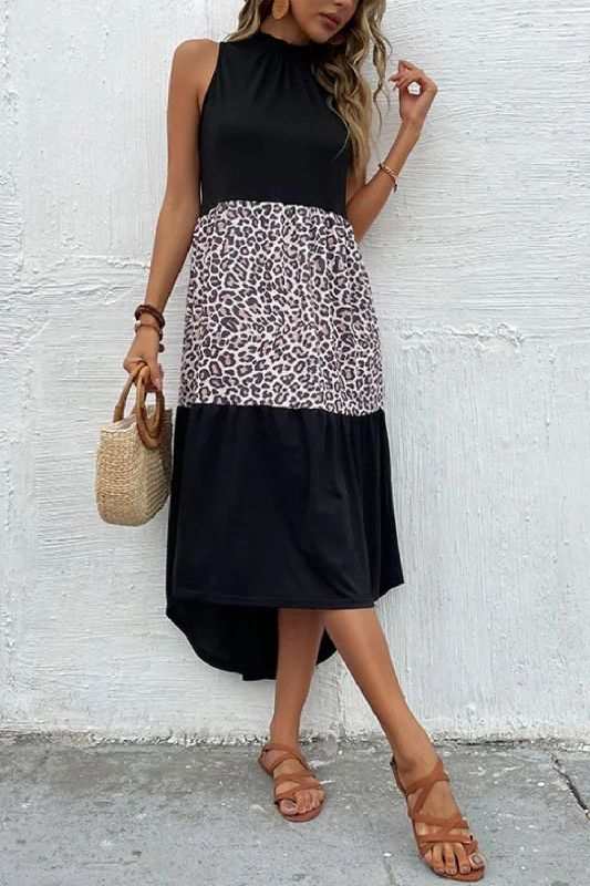 Leopard Contrast Sleeveless Maxi Dress Elegant Wraparound Maxi Dress