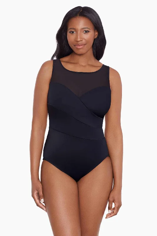 Mesh Highneck Long Torso One Piece Swimsuit Night Gala Elegant Ruffled Bikini