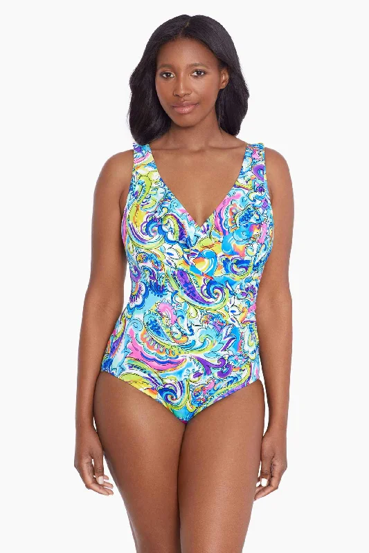 Ruffle Front Surplice Long Torso One Piece Swimsuit Paisley Seas Sporty Swimwear Bottoms Ruffle Front Surplice Long Torso One Piece Swimsuit Paisley Seas Sporty Swimwear Bottoms