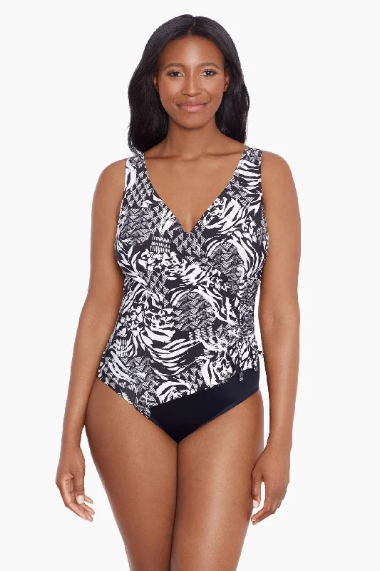 Ruffle Surplice Long Torso One Piece Swimsuit Azteca Summer Ready Swimsuit