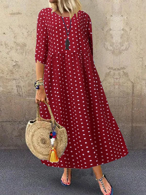 Loose O-neck Polka Dot 3/4 Sleeve Women Maxi Dress Cozy Maxi Dress with Slit