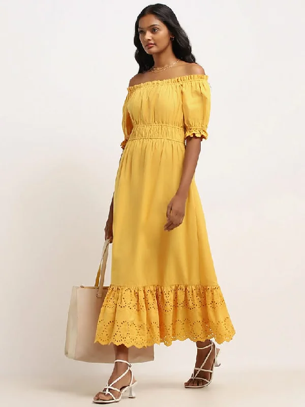 LOV Yellow Schiffli Cotton Off-Shoulder Maxi Dress Elegant Silk Maxi Dress