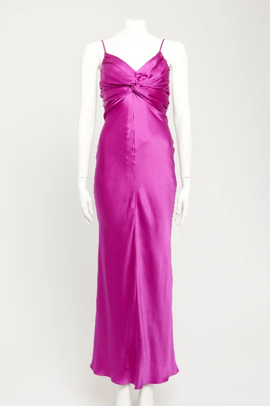 Magenta Silk Preowned Twisted Maxi Dress Trendy V-Neck Maxi Dress