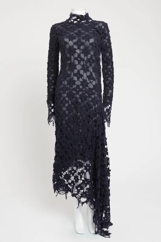 2015 Navy Blue Crochet Wool Preowned Maxi Dress Elegant Boho Maxi Dress