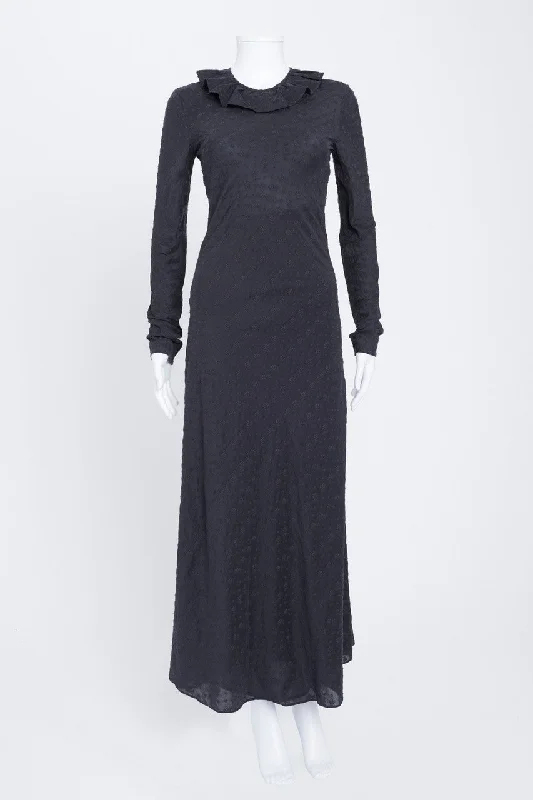 Midnight Blue Embroidered Long Sleeve Maxi Dress Stylish Longline Maxi Dress
